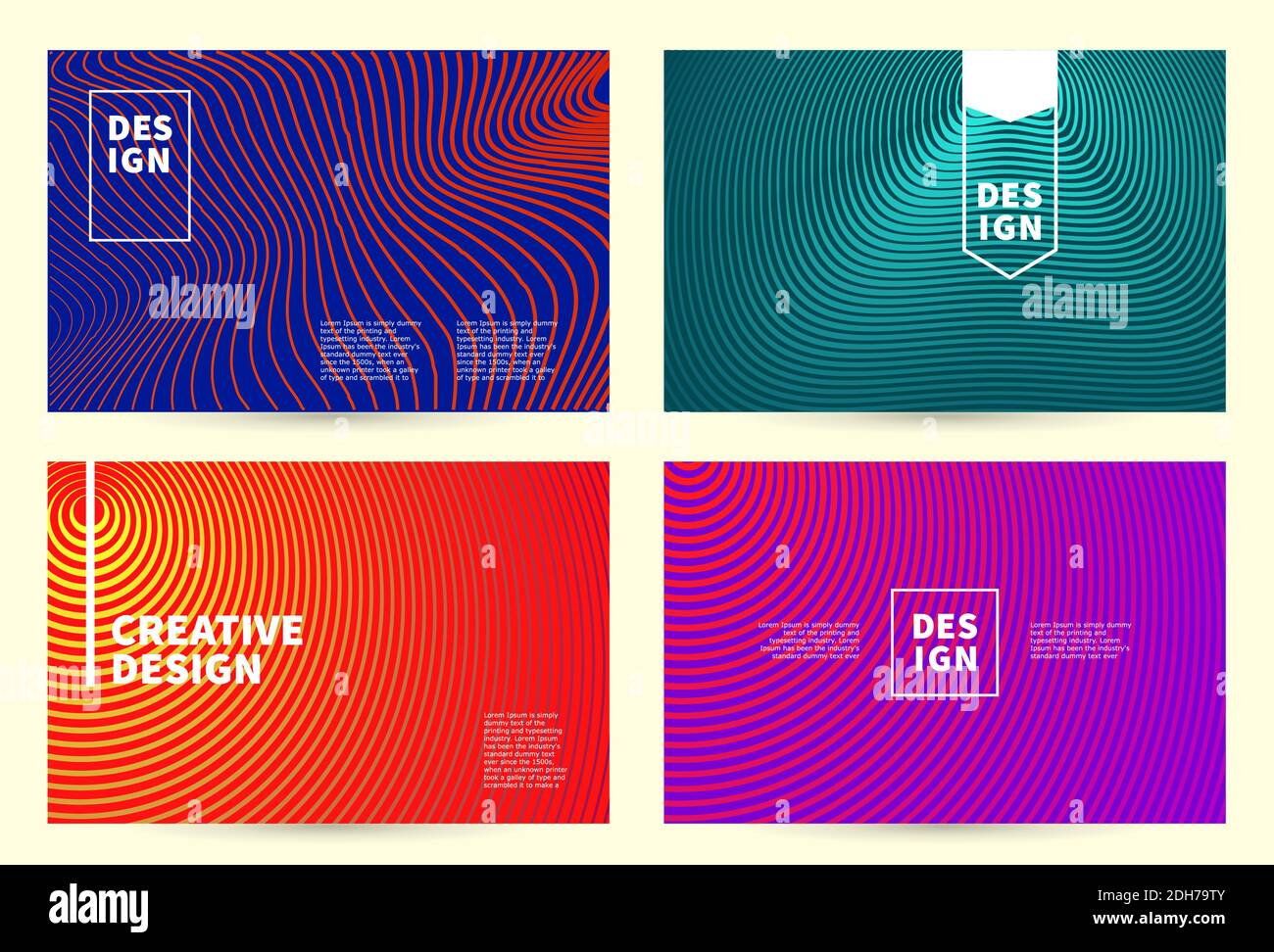 Design moderno delle coperture ultra-line. Gradienti di fondo a strisce. Modelli vettoriali geometrici futuri. Impostare lo sfondo vettoriale orizzontale. Illustrazione Vettoriale