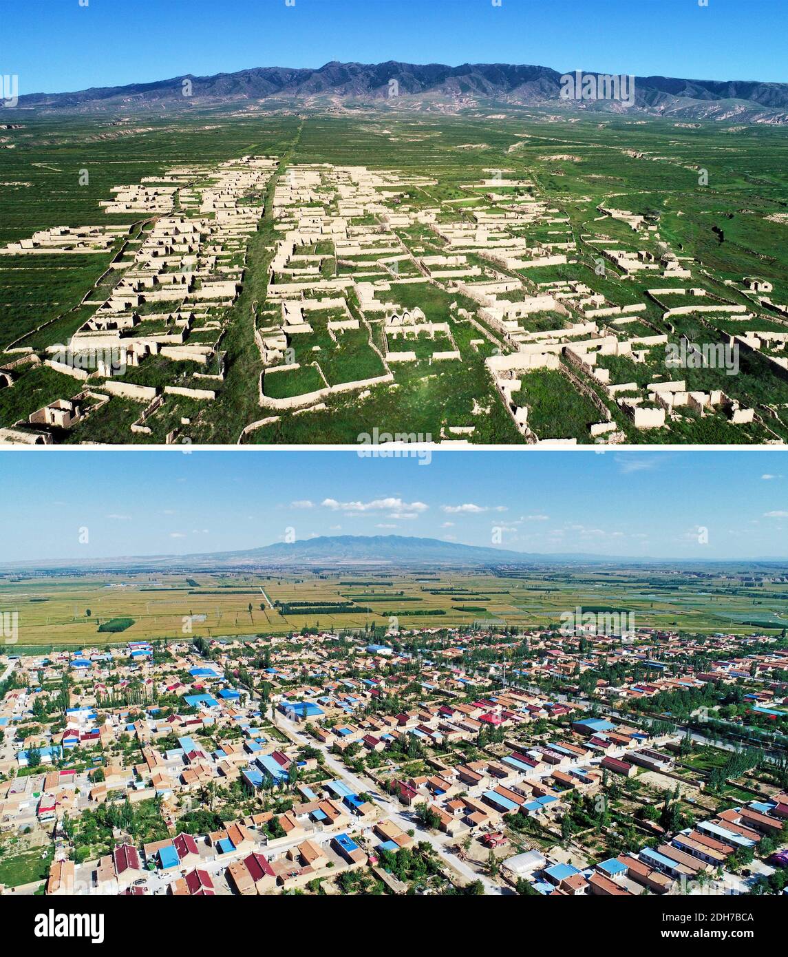 Yinchuan. 8 Settembre 2018. In questa foto aerea combinata scattata l'8 settembre 2018, la parte superiore mostra una vista di un'area rigenerata in cui gli ex residenti sono stati ricollocati in un altro insediamento; La parte inferiore mostra un insediamento di recente costruzione per gli abitanti di un villaggio rilocato, entrambi nel distretto di Hongsipu della città di Wuzhong, regione Autonoma di Ningxia Hui della Cina nord-occidentale. Credit: Wang Peng/Xinhua/Alamy Live News Foto Stock