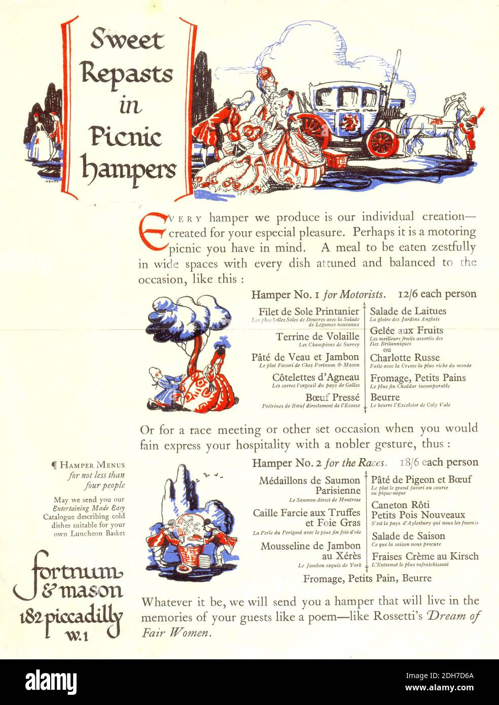 Opuscolo pubblicitario di Fortnum & Mason intitolato Sweet repasts in Criceti da picnic circa 1935 Foto Stock