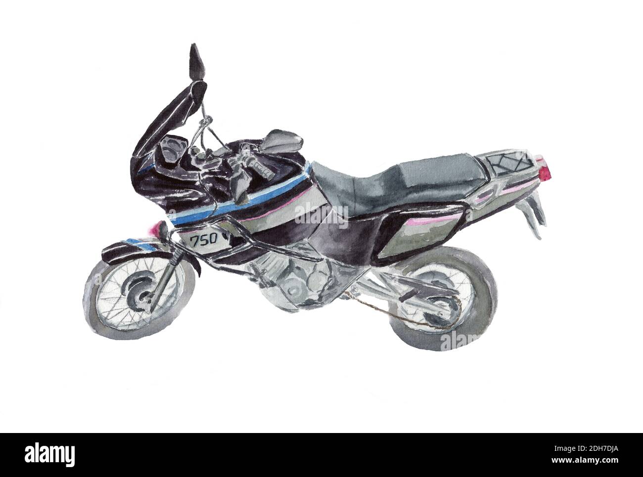 vista laterale del motociclo nero in tecnica acquerello Foto Stock