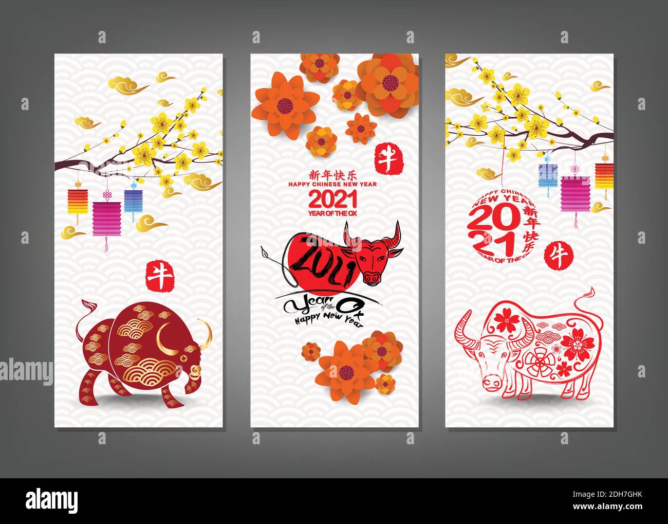 Set di striscioni verticali disegnati a mano con Capodanno cinese Ox 2021 (traduzione cinese felice anno nuovo, anno di Ox) Illustrazione Vettoriale