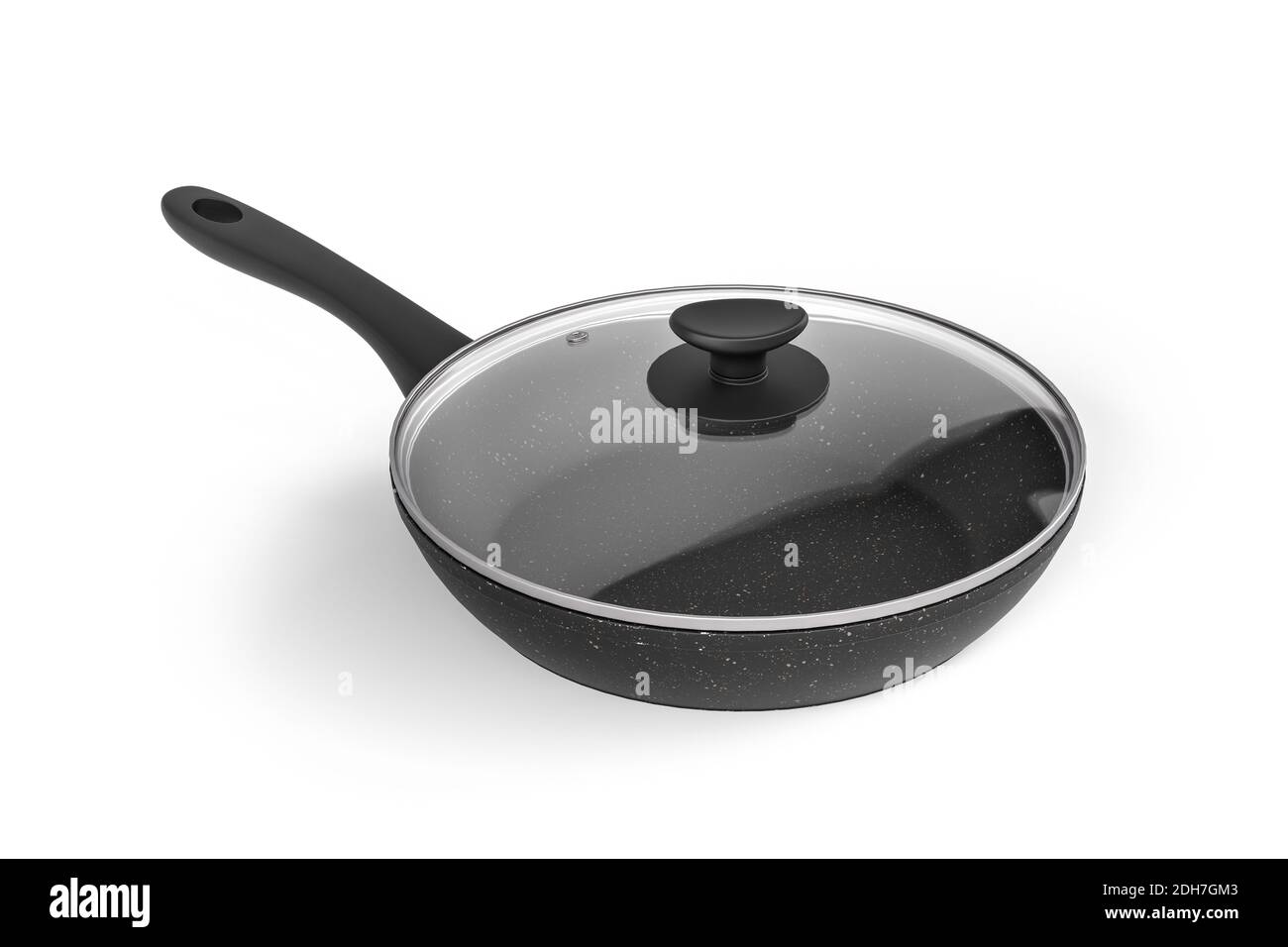 Una padella in acciaio nero con coperchio in vetro isolato Su sfondo bianco - rendering 3D Foto Stock