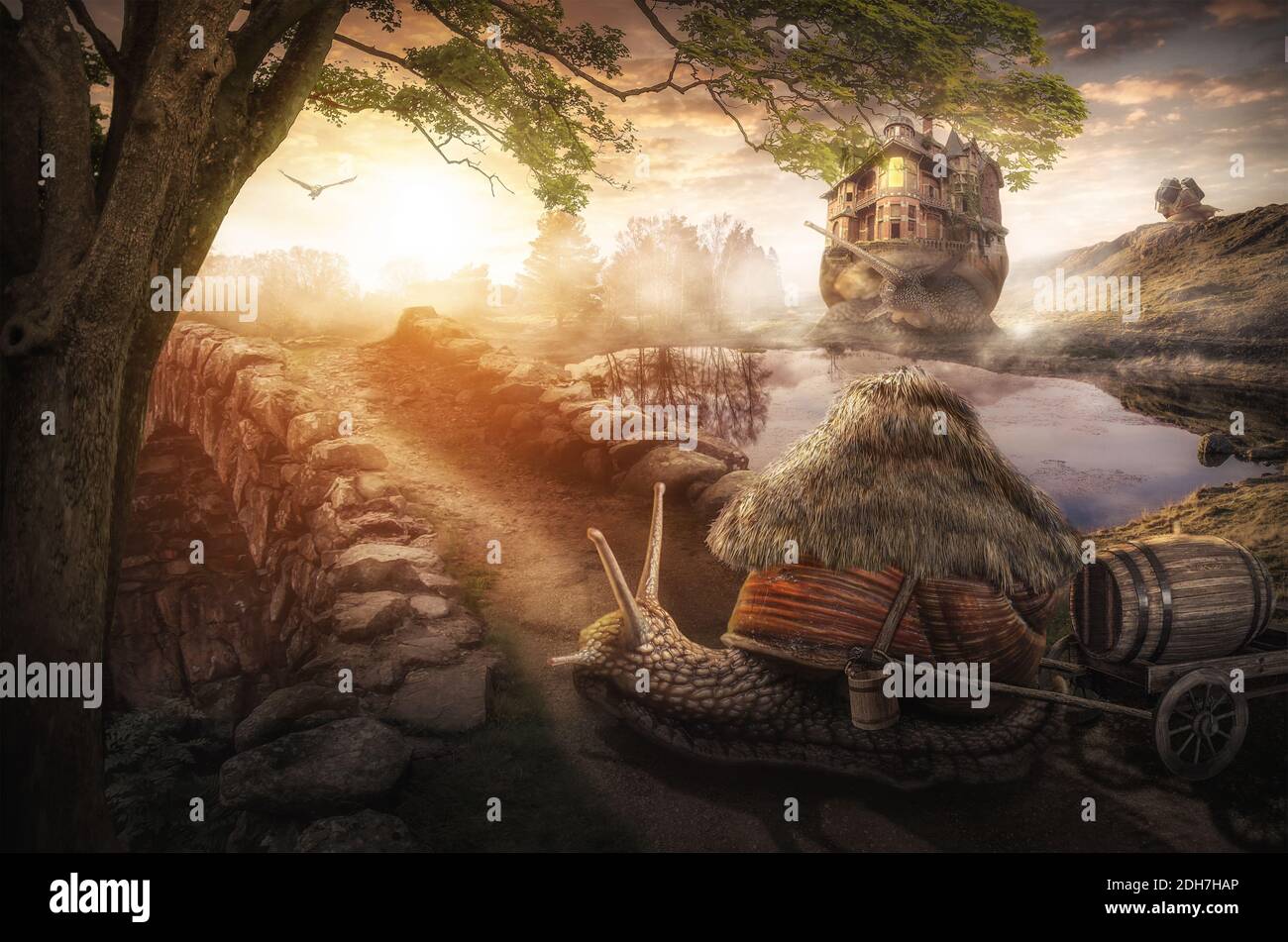 Una lumaca imbrigliata ad un carrello che va ad un laghetto per l'acqua Foto Stock