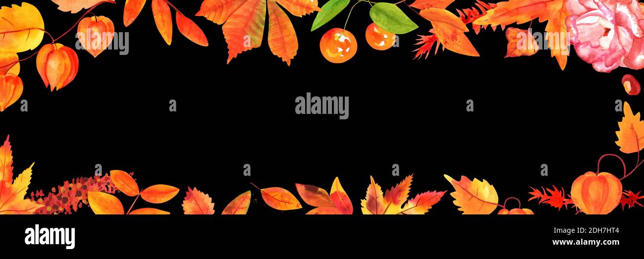 Sfondo autunno acquerello, banner panoramico con spazio di copia, disegni botanici acquerello di foglie e rami Foto Stock