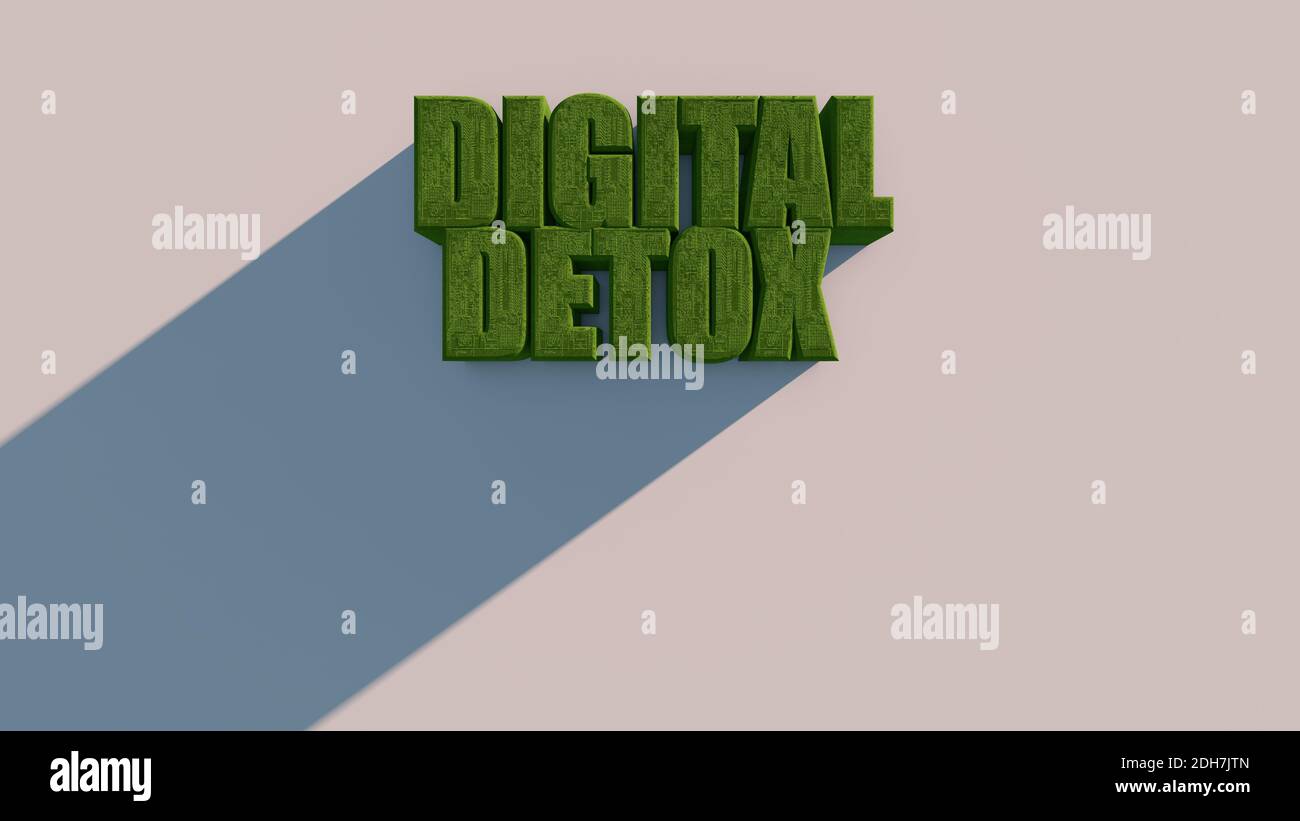 Scritta digitale Detox verde su sfondo bianco. rendering 3d Foto Stock