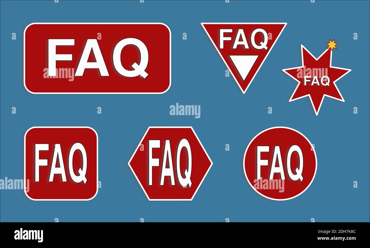 Sechs verschiedene Formen für FAQ häufig gestellte Fragen in rot Mit Weißer Schrift Foto Stock