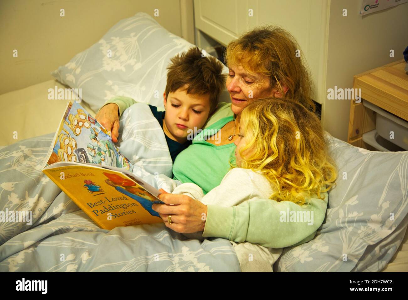 Nonna che legge le storie di addormentarsi ai nipoti Foto Stock