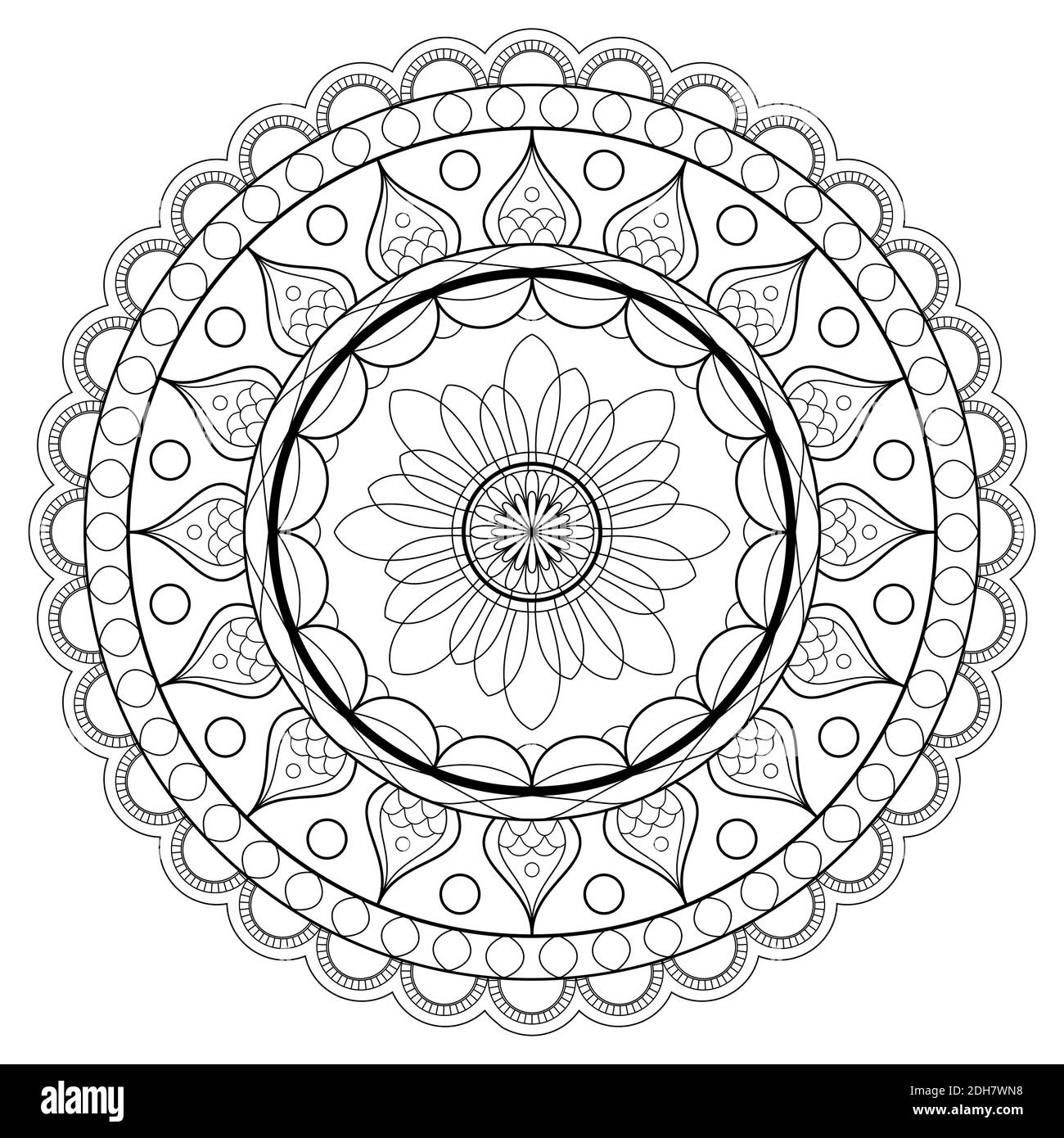 Vettore di linea Mandala. Un ornamento monocromo rotondo simmetrico. Colorazione Illustrazione Vettoriale