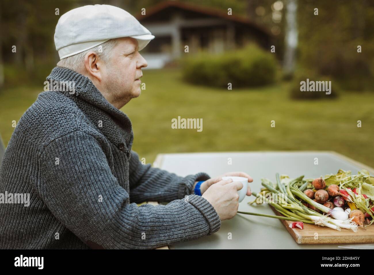 Vista laterale di un uomo maturo seduto al tavolo con fresco verdure raccolte Foto Stock