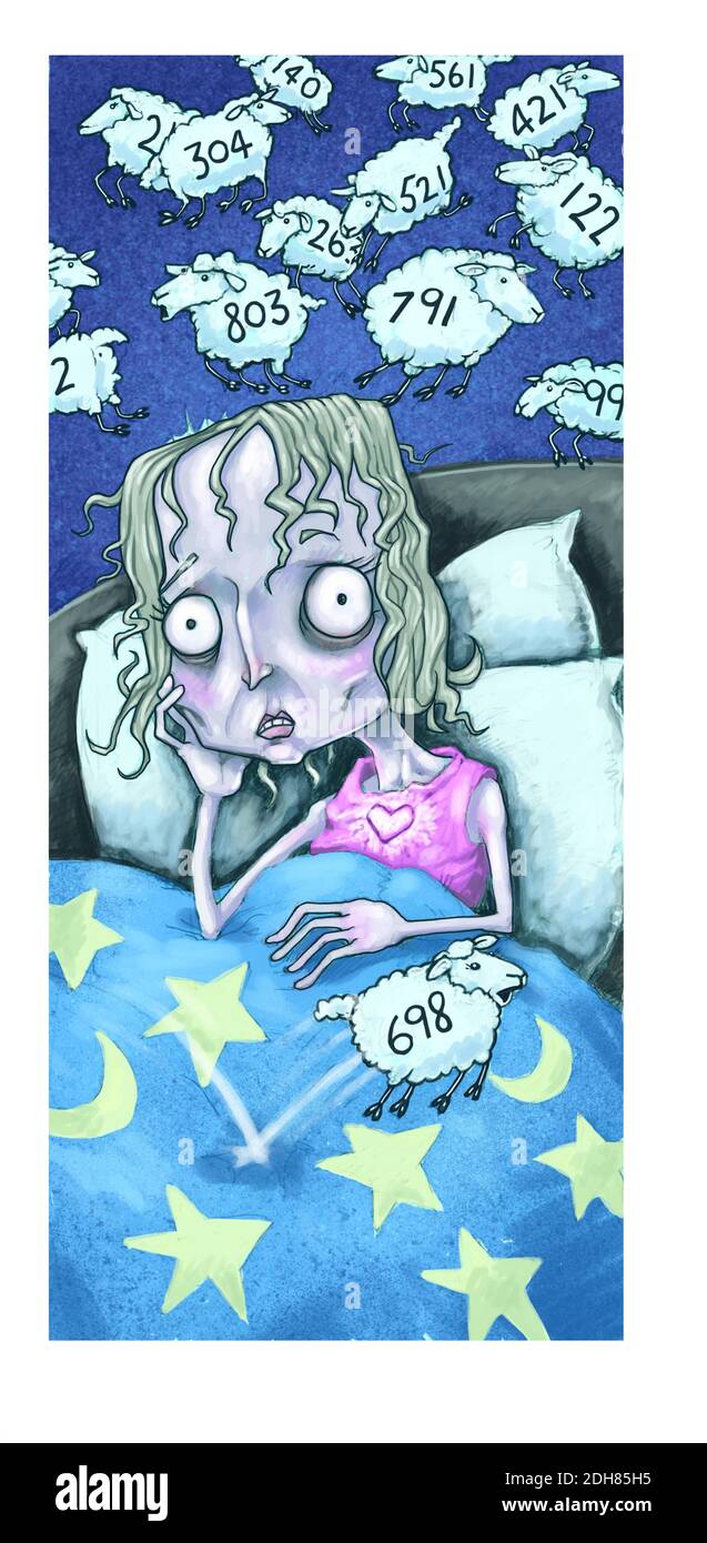 Illustrazione di arte di concetto mezzi misti, giovane donna bionda nel letto che soffre di insonnia e che cerca di contare le pecore Foto Stock