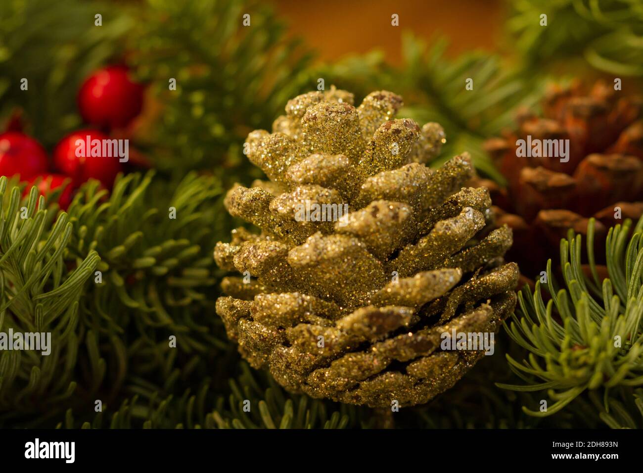 Closeup festivo di coni di pino e rami di pino Foto Stock