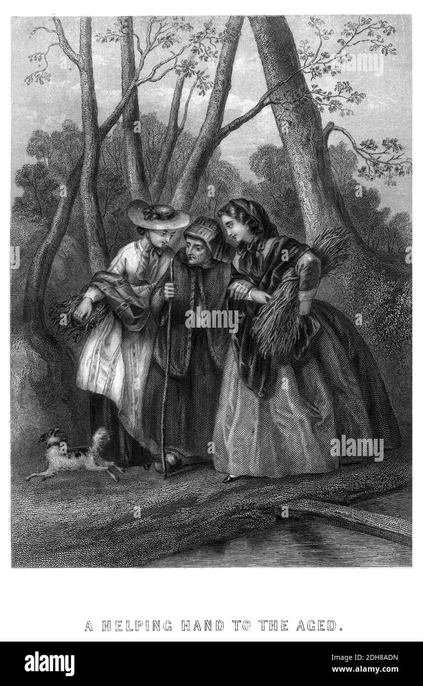 Incisione in acciaio di una mano d'aiuto alla invecchiata. Due giovani donne che aiutano una donna anziana a camminare. Da Godey's Lady's Book and Magazine, giugno 1864, Philadelphia, Louis A. Godey, Sarah Josepha Hale, Foto Stock