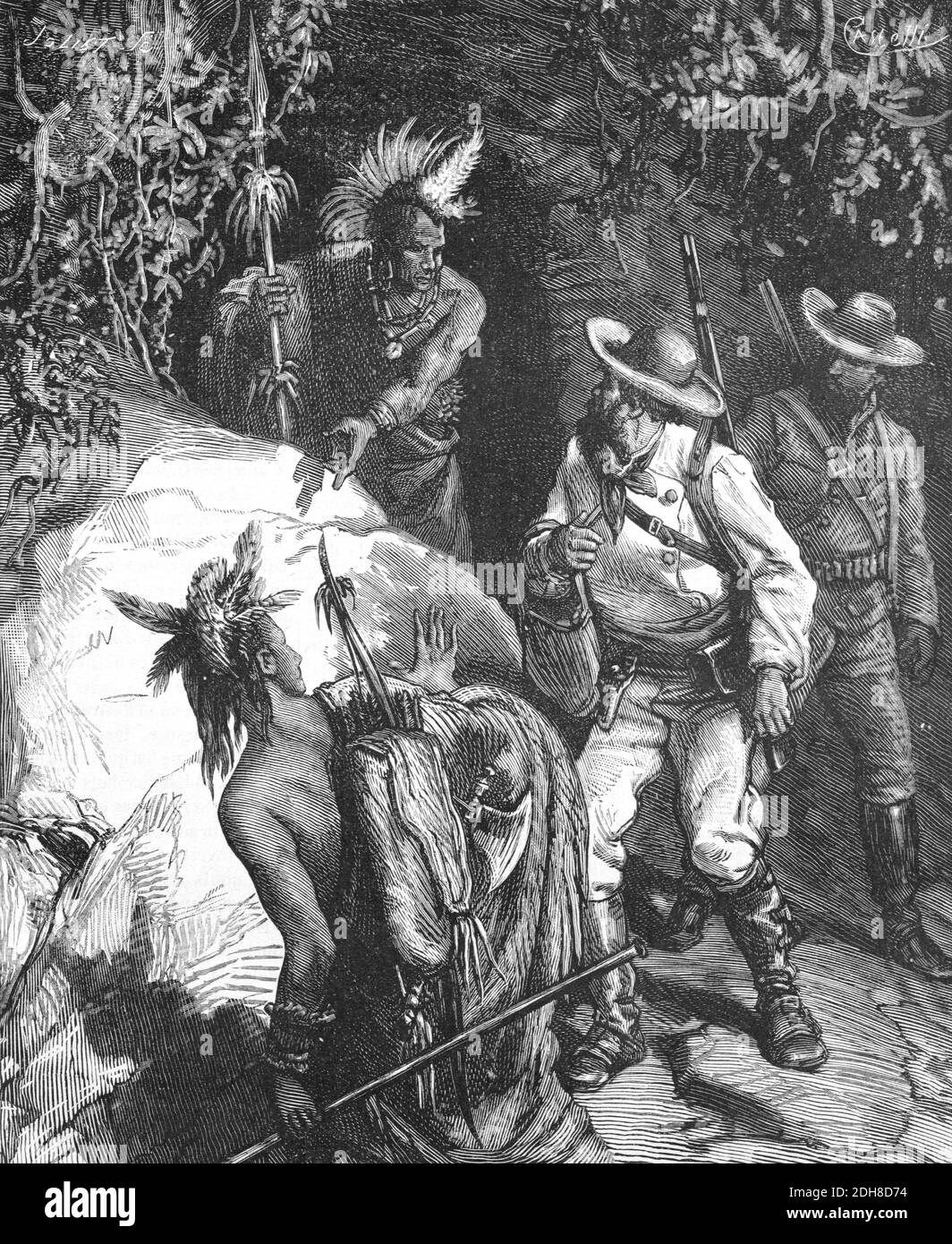 Nativi americani, indiani americani della prima nazione o americani e Settlers europei negli Stati Uniti, negli Stati Uniti o negli Stati Uniti d'America (englr 1880 Castelli) Illustrazione o incisione d'epoca Foto Stock