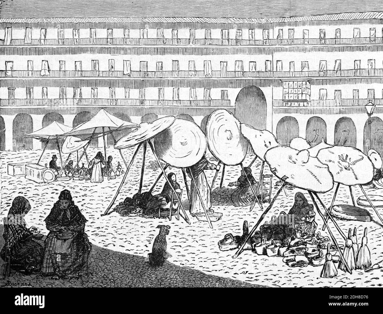 Mercato di strada o bancarelle del mercato in Piazza della Città o in Città Piazza Cordoba Andalusia Spagna (engr 1880) Vintage Illustrazione o incisione Foto Stock