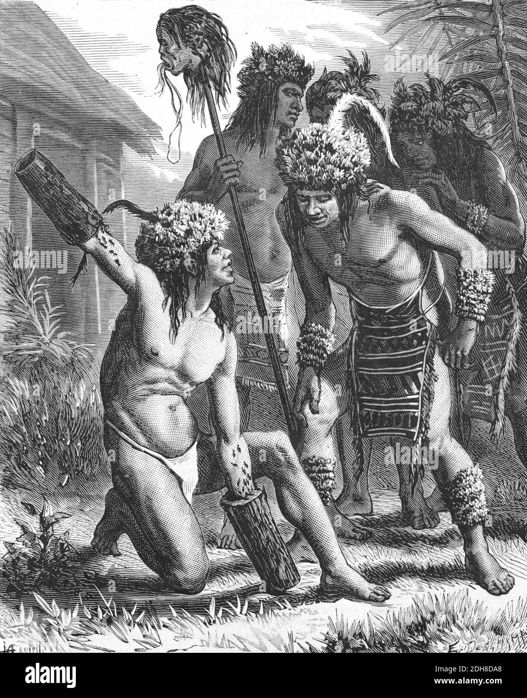 Indiani Munduruku, nativi americani o indigeni, aka Mundurucu, Way Juga, BMC, Maytapu o Cara Preta, che vivono nella zona del bacino del Rio delle Amazzoni del Brasile (englr 1800 Castelli-Deschamps) Illustrazione o incisione d'epoca Foto Stock