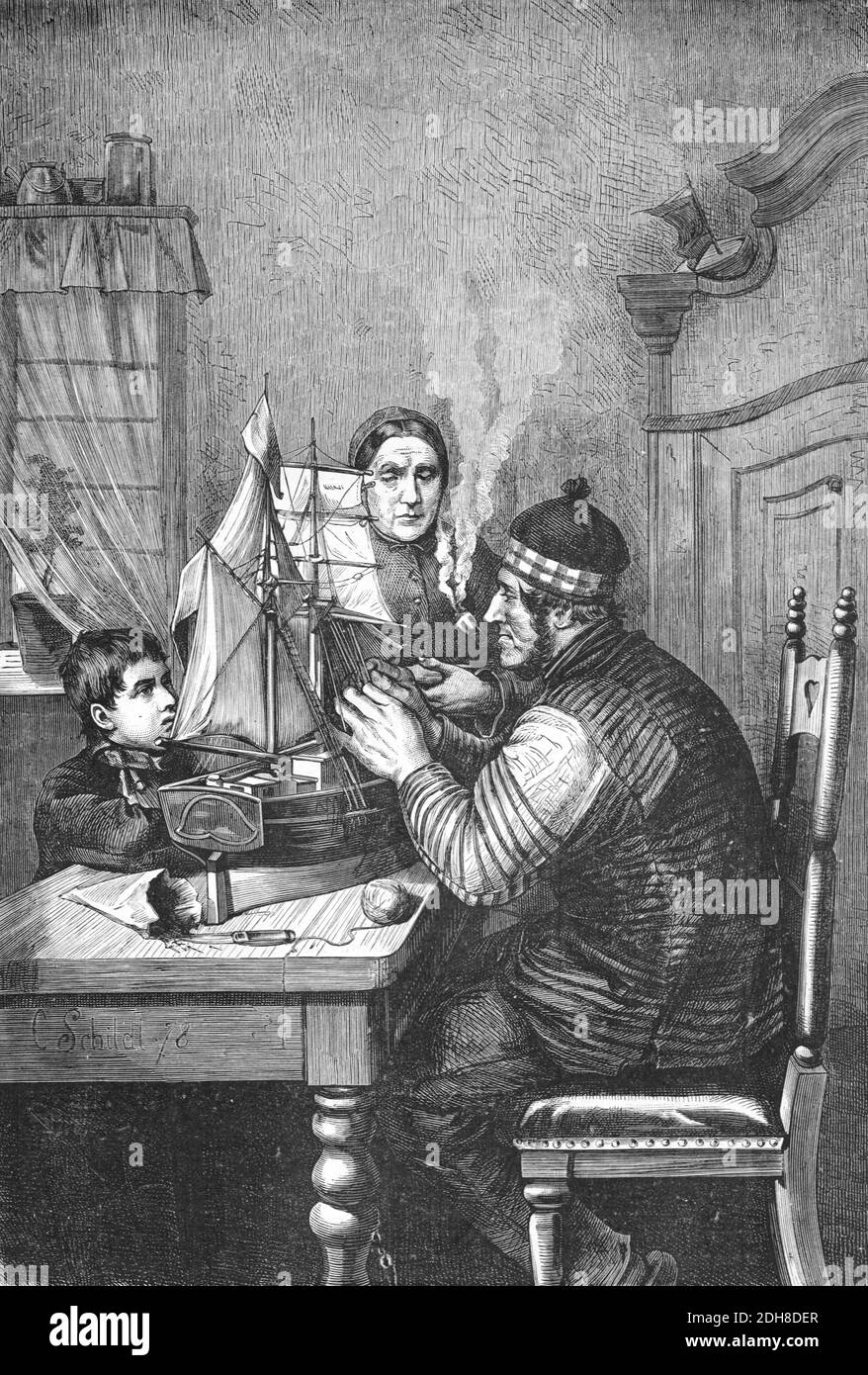 Modello Barca o modello nave maker fare modello nave con Son (engler 1800) Illustrazione o incisione d'epoca Foto Stock