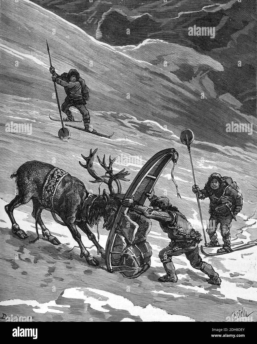 Renna Herding tra i Sami o Lapps di Lapponia (Englr 1880 Deschamps-Castelli) Illustrazione o incisione d'epoca Foto Stock