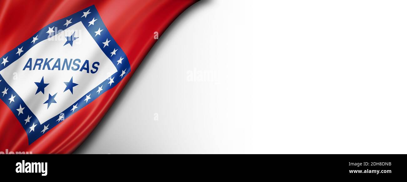 Bandiera dell'Arkansas su banner bianco da parete, Stati Uniti Foto Stock
