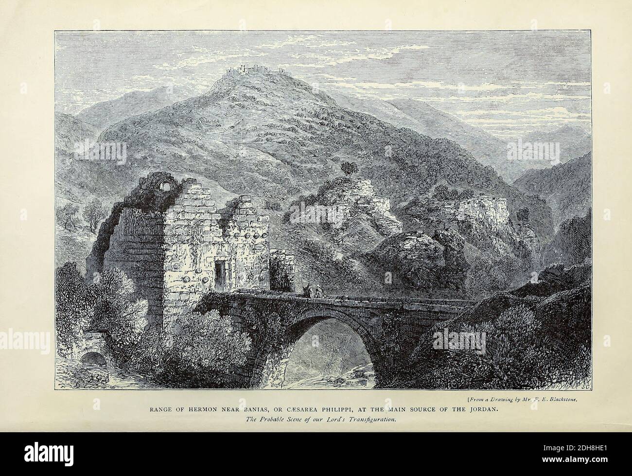 Gamma di Hermon vicino Banias (o Cesarea Philippi) alla fonte principale del Giordano la scena probabile della Trasfigurazione di nostro Signore dal libro 'quei campi santi : Palestina, illustrata da penna e matita' di Manning, Samuel, 1822-1881; Società religiosa del Tract (Gran Bretagna) pubblicato nel 1873 Foto Stock