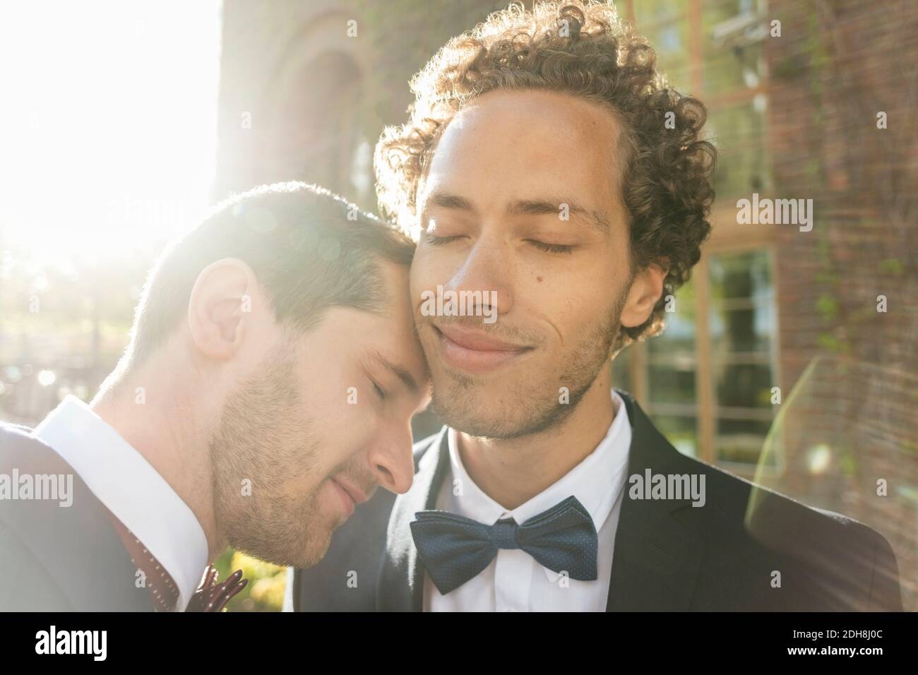 Primo piano di una nuova coppia gay con gli occhi chiusi Foto Stock