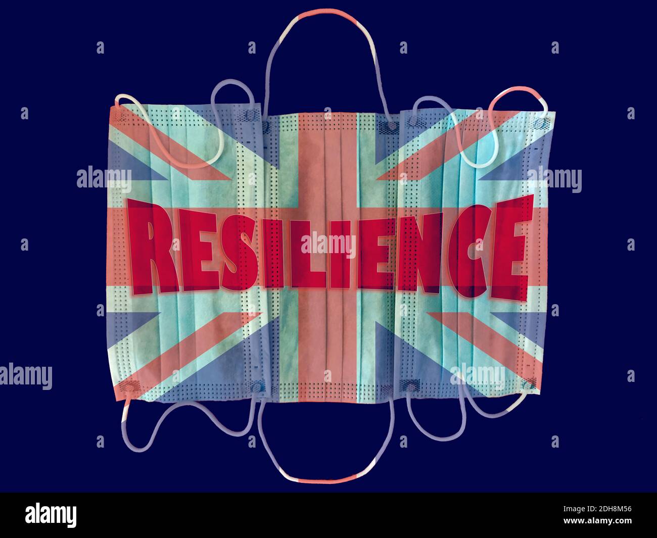 Una maschera di protezione antivirus per lo sfondo della bandiera inglese e la parola resilienza in lingua inglese, su sfondo blu. Foto Stock
