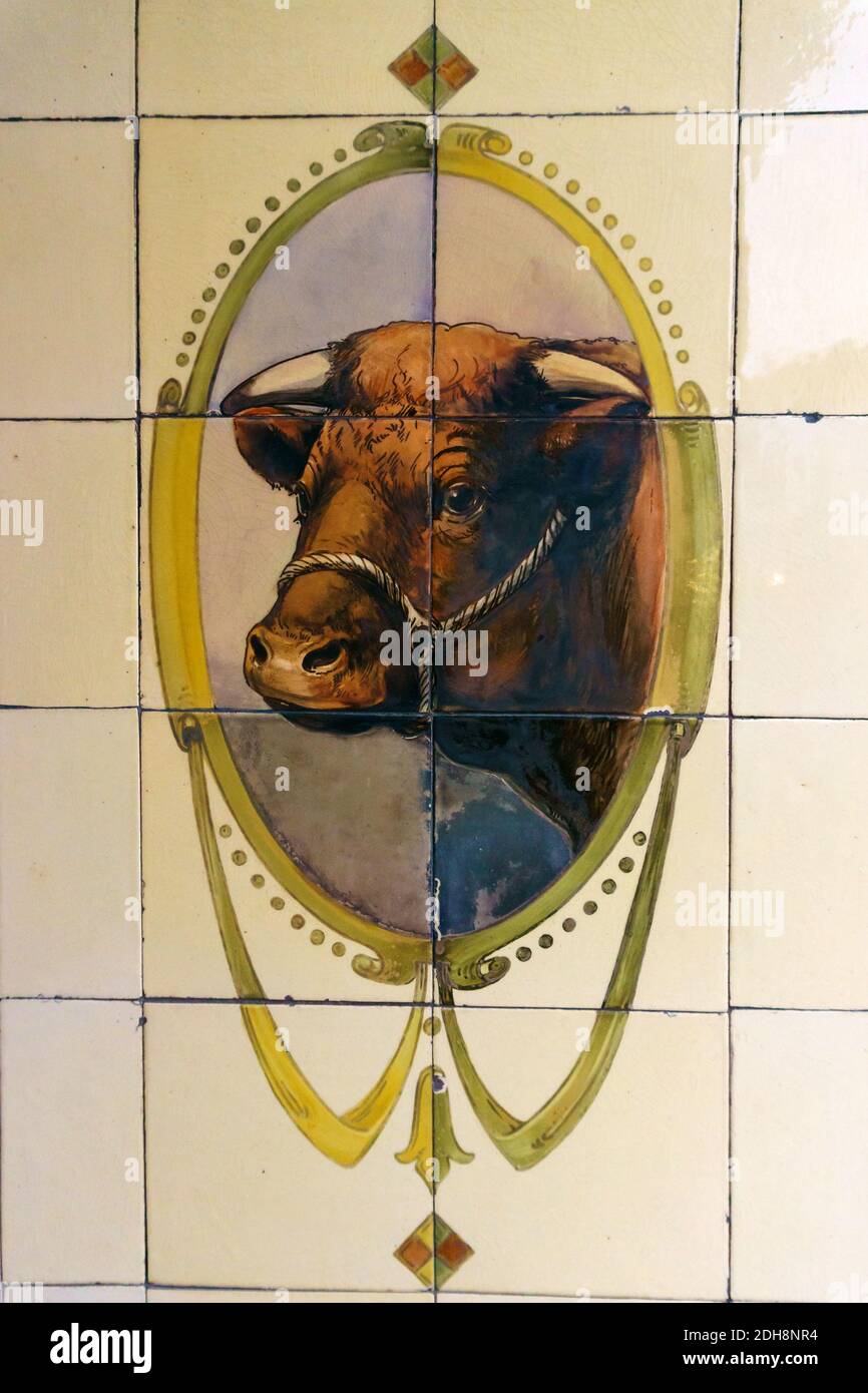 Un cartello di macellai vecchio stile all'ingresso di a. negozio fatto con piastrelle smaltate raffiguranti una testa di un toro in Corwen Galles del Nord Foto Stock