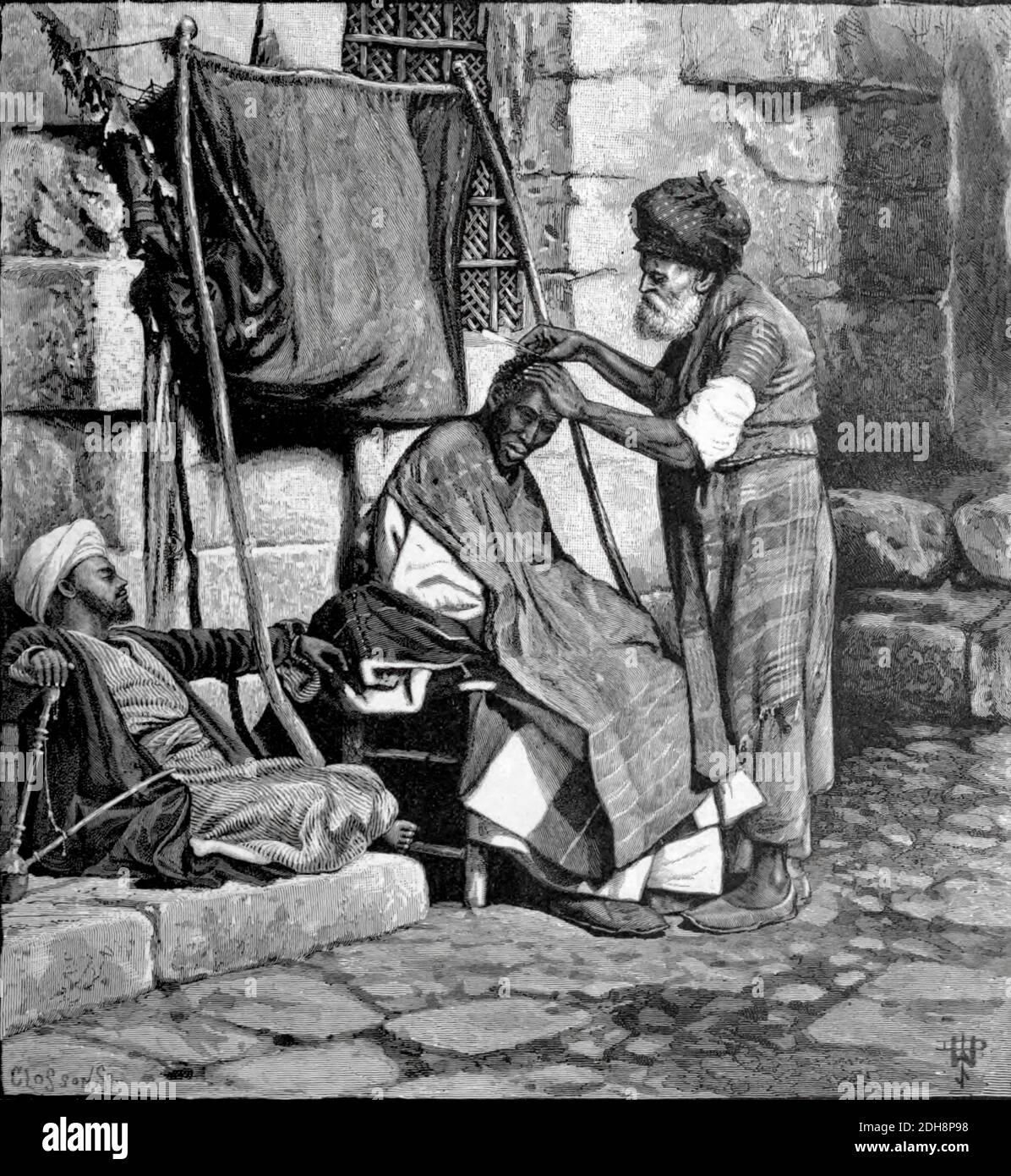 Incisione su Wood of Street Barber's Stall, Damasco, Siria, dalla pittoresca Palestina, Sinai ed Egitto di Wilson, Charles William, Sir, 1836-1905; Lane-Poole, Stanley, 1854-1931 Volume 2. Pubblicato a New York da D. Appleton nel 1881-1884 Foto Stock