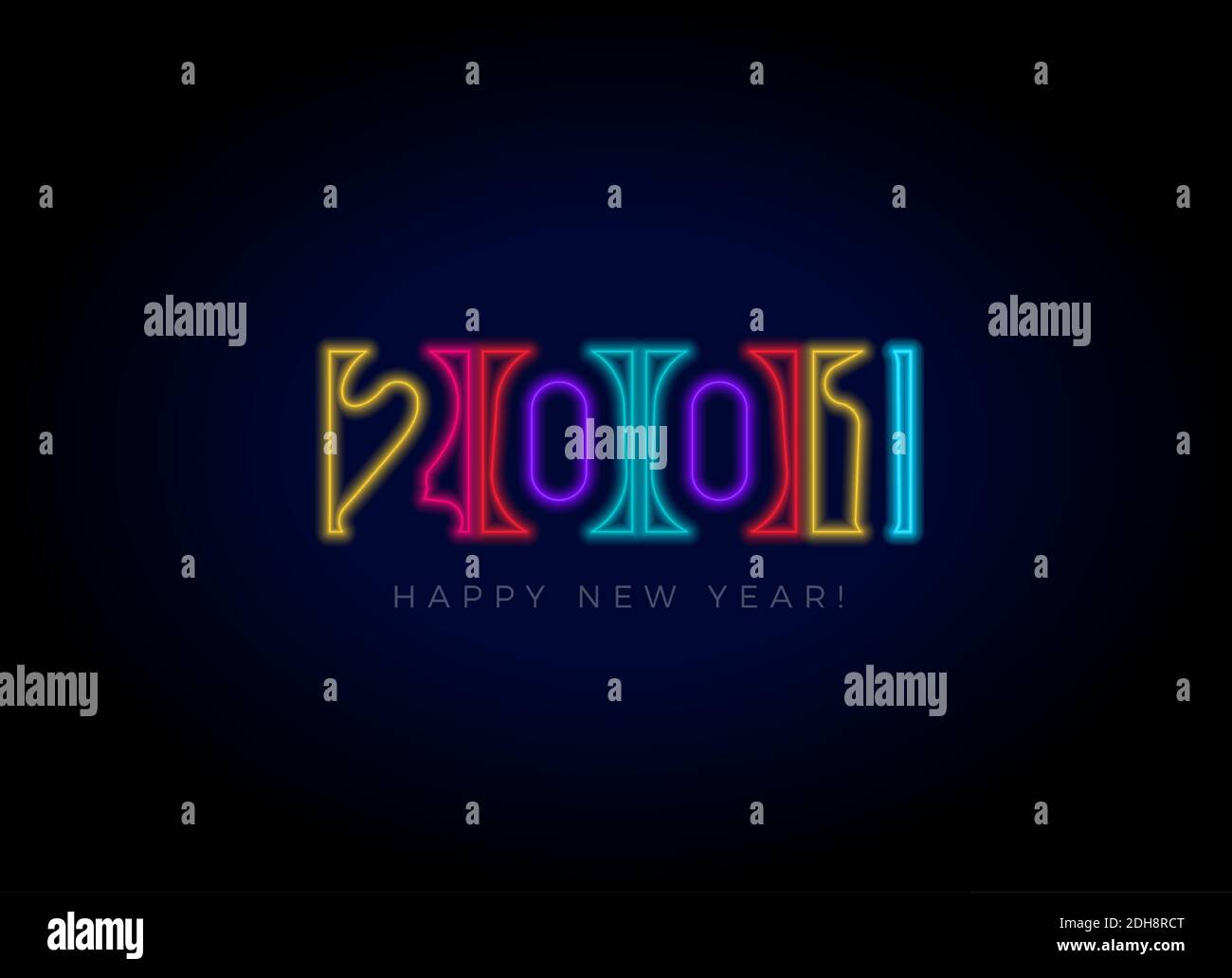 Numeri del nuovo anno 2021 per la progettazione di display digitali. Poster di illuminazione al neon per feste, eventi, inviti e calendari in cyberpunk, rave, popolare Illustrazione Vettoriale