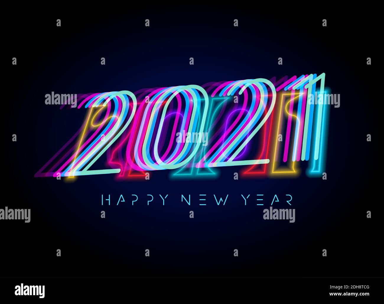 Numeri del nuovo anno 2021 per la progettazione di display digitali. Poster di illuminazione al neon per feste, eventi, inviti e calendari in cyberpunk, rave, popolare Illustrazione Vettoriale