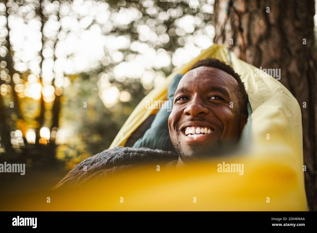 Uomo sorridente che guarda via mentre si sdraiava sopra l'amaca nella foresta Foto Stock