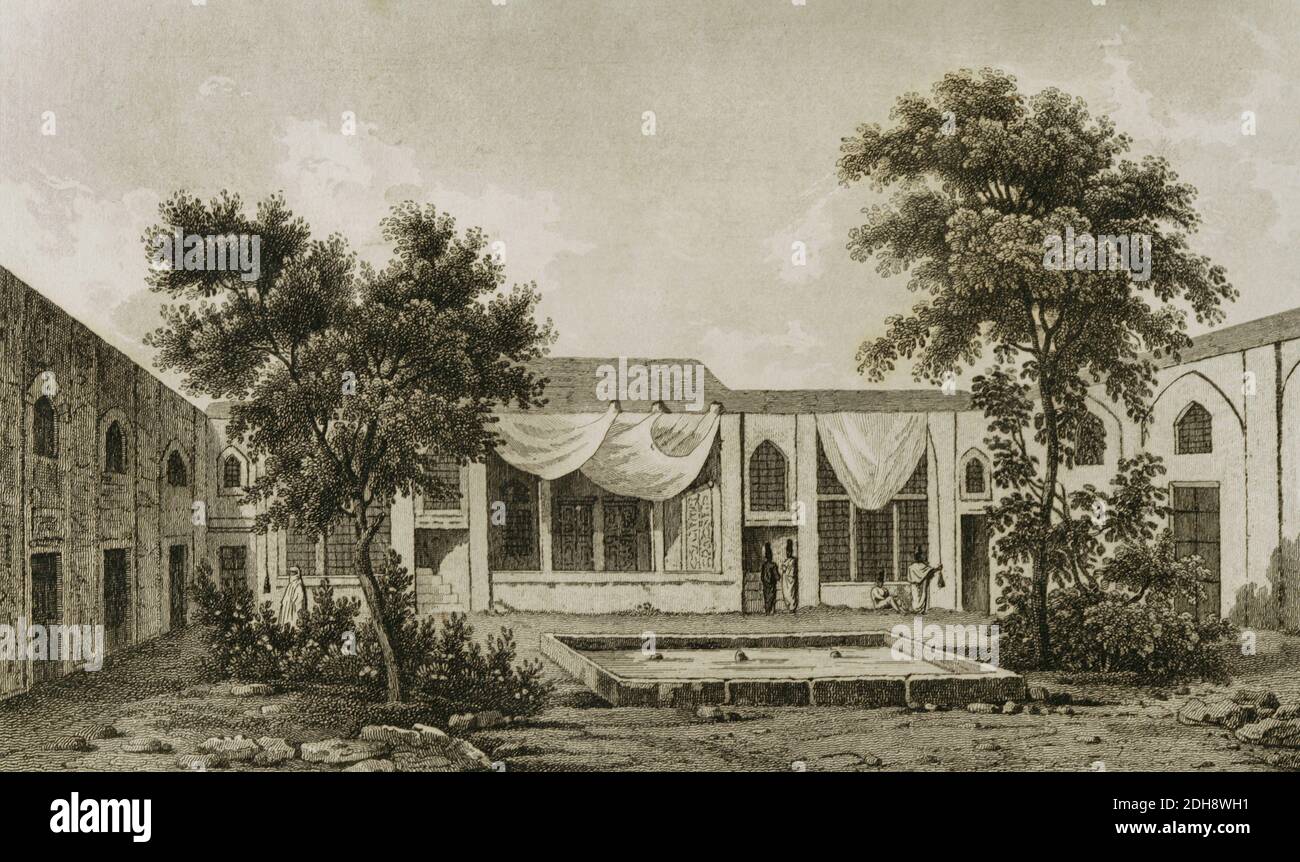 Persia, Teheran. Palazzo dell'inviato britannico. Cortile interno. Incisione. Panorama universale. Storia di Persia, 1851. Foto Stock