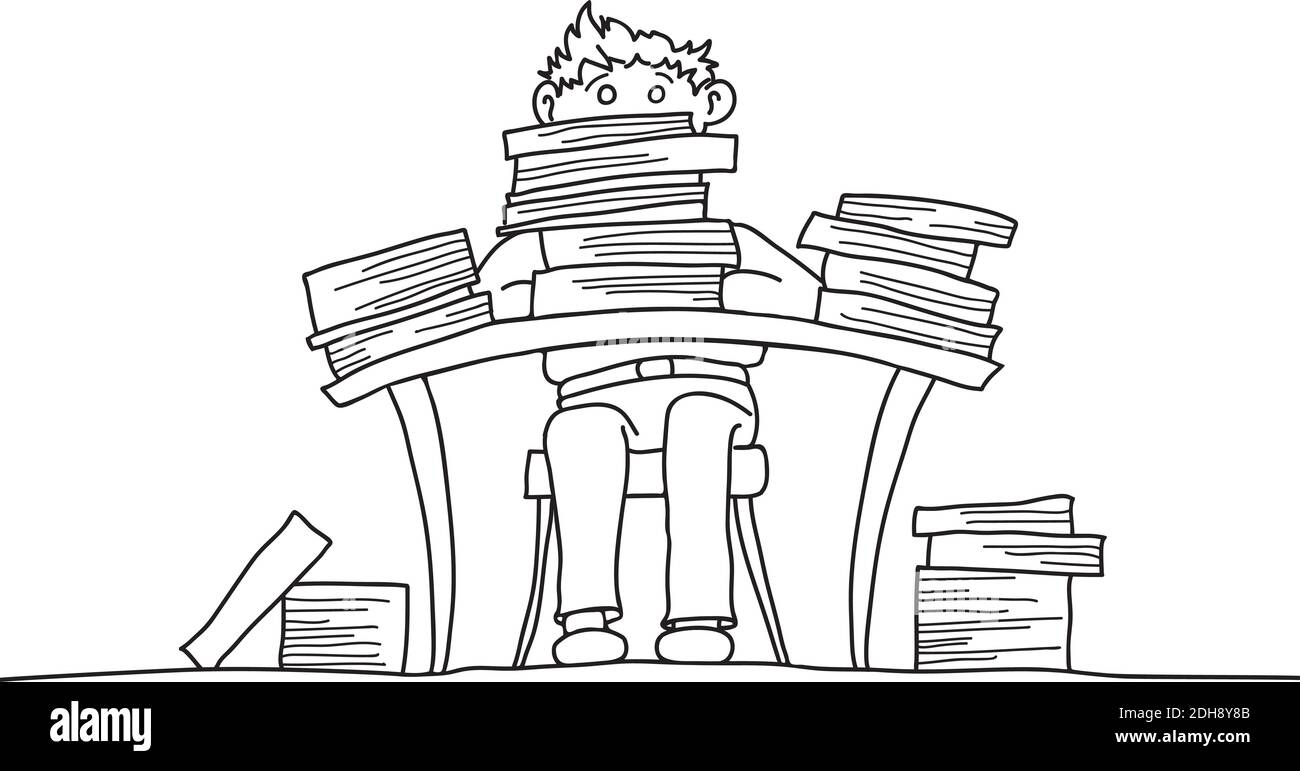 molto lavoro. Intorno al tavolo e molte cartelle di carta. Illustrazione Vettoriale