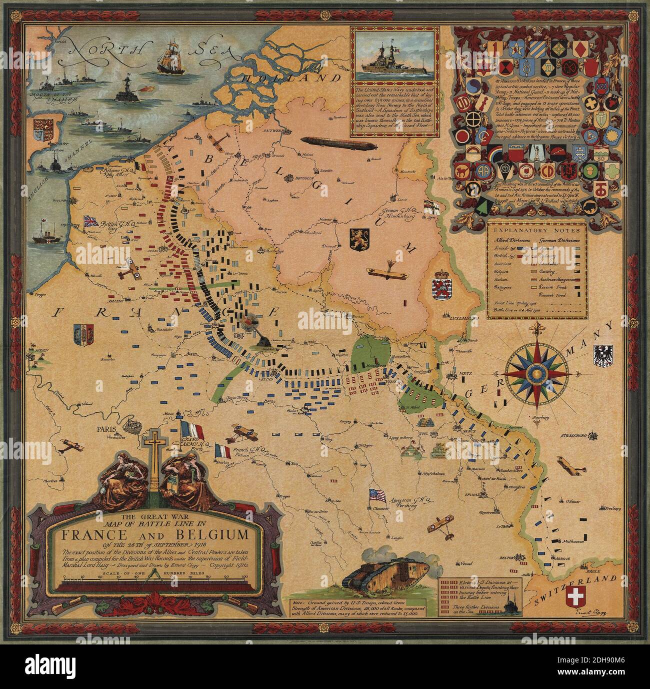 La prima guerra mondiale Antique Battle Map 1826. Titolo: La grande mappa di guerra della linea di battaglia in Francia e Belgio 1926 mappa. Si tratta di una riproduzione migliorata e restaurata di una vecchia mappa. Presenta punti di riferimento ed è ricco di informazioni storiche. Foto Stock
