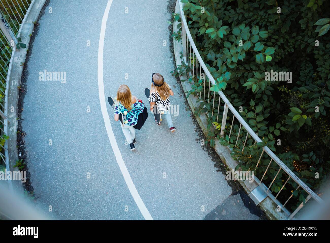 Vista ad alto angolo degli amici che camminano sul ponte tra gli alberi Foto Stock