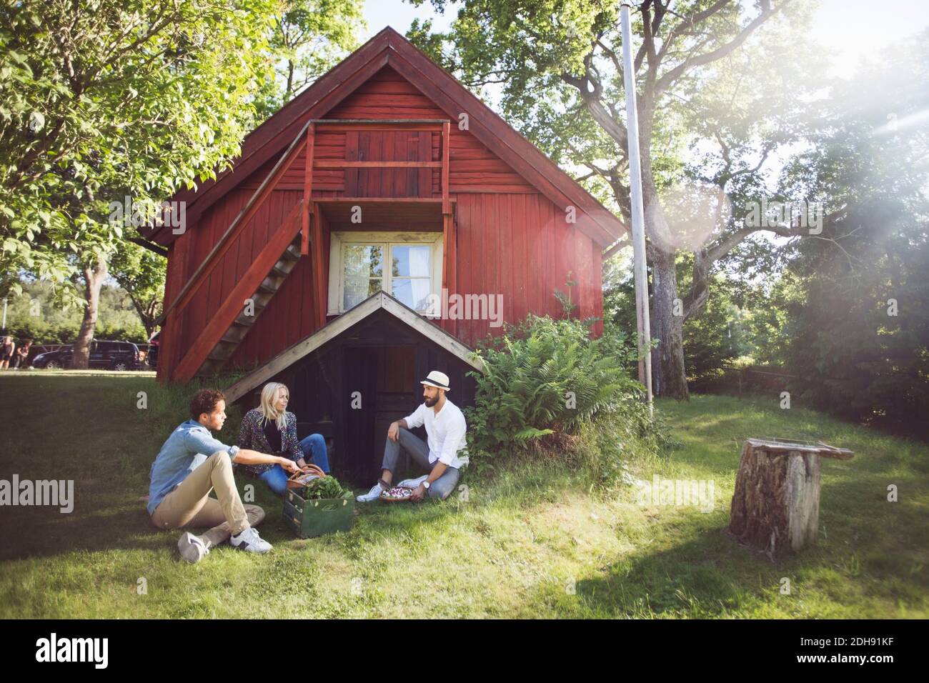 Amici seduti con gabbia di verdure fuori cottage in giornata di sole Foto Stock