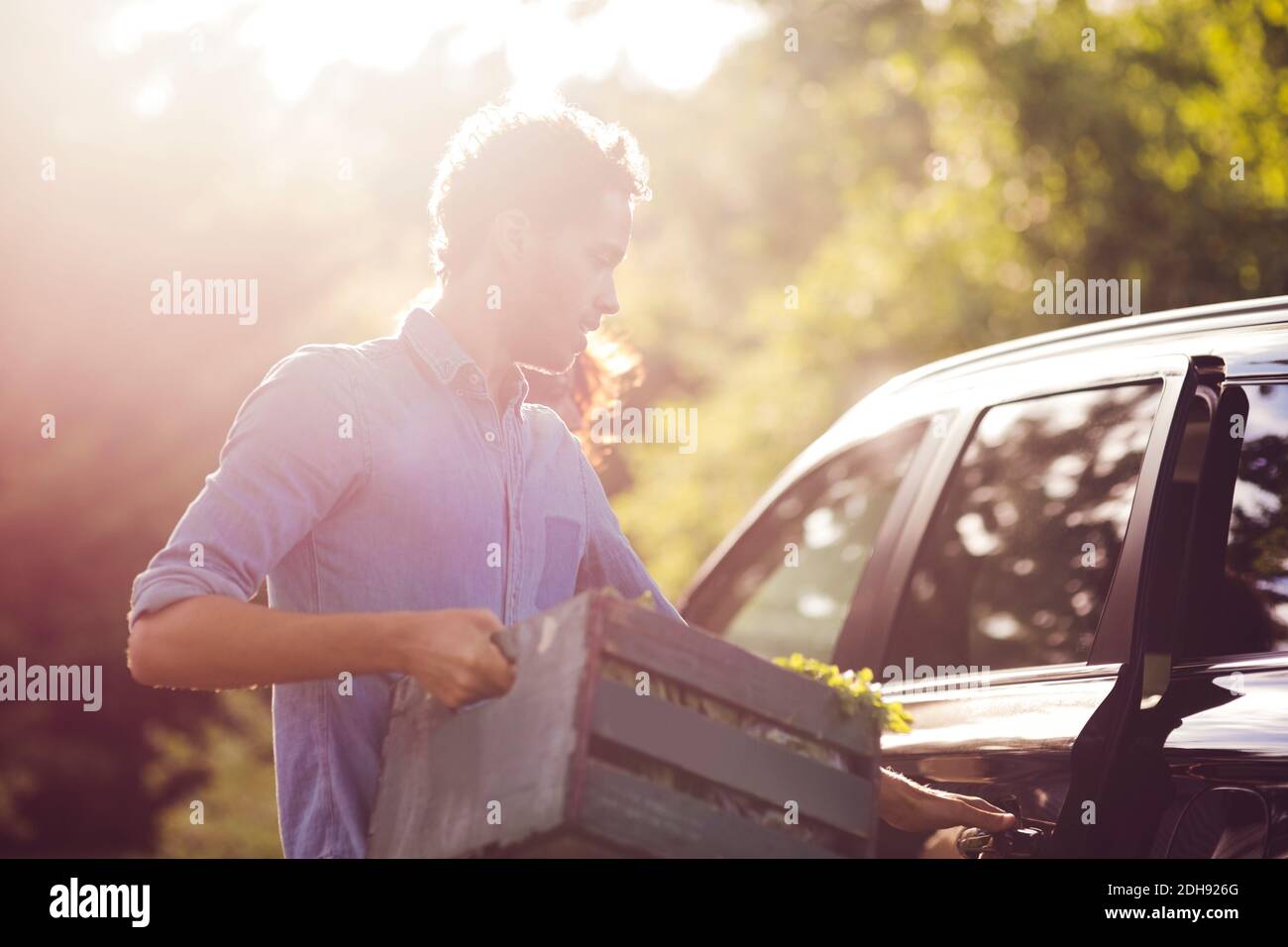 Uomo che apre la porta dell'auto mentre tiene la cassa di legno sul sole giorno Foto Stock
