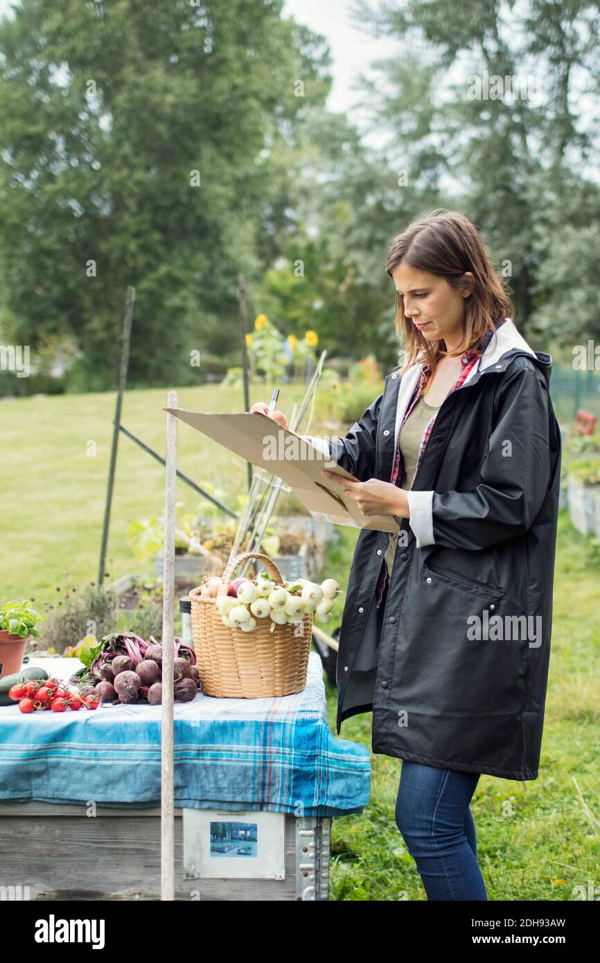 Donna mid adulta che scrive su cartone mentre si sta da fresco verdure raccolte in giardino urbano Foto Stock