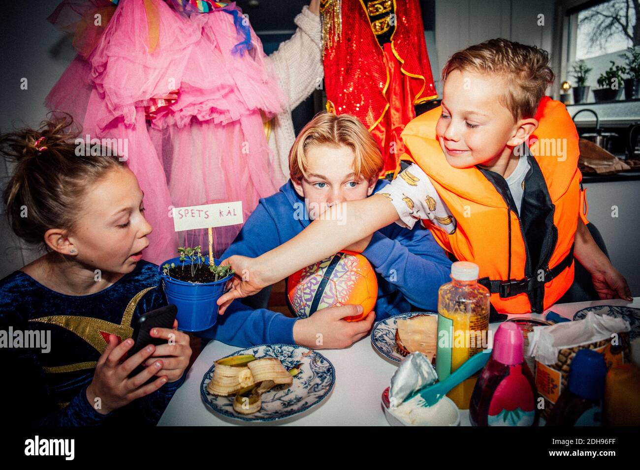 Maschio che mostra pianta a fratello femmina a tavola in mattina Foto Stock