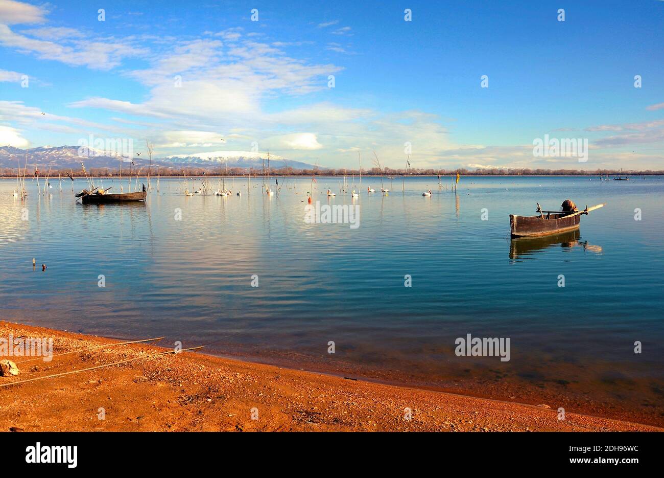 Imbarcazione da pesca sul lago Kerkini, un bacino artificiale creato nel 1932, a seguito della costruzione di una diga sul fiume Strymonas. Kerkini si trova Foto Stock