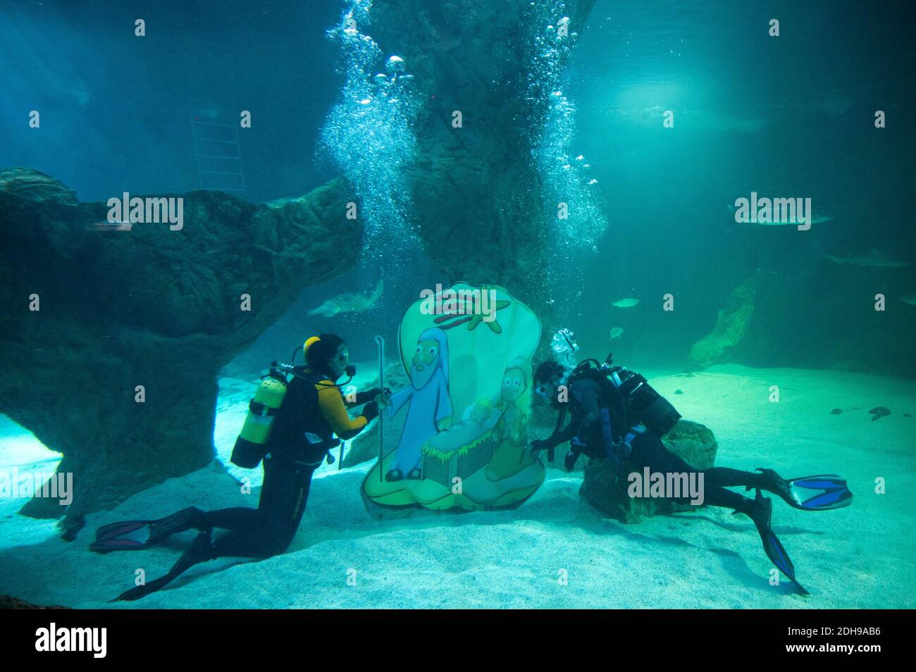 Madrid, Spagna. 10 dicembre 2020. Due subacquei collocano parte della tradizionale Presepe di Natale sott'acqua all'interno dell'acquario dello Zoo di Madrid. Credit: Marcos del Mazo/Alamy Live News Foto Stock