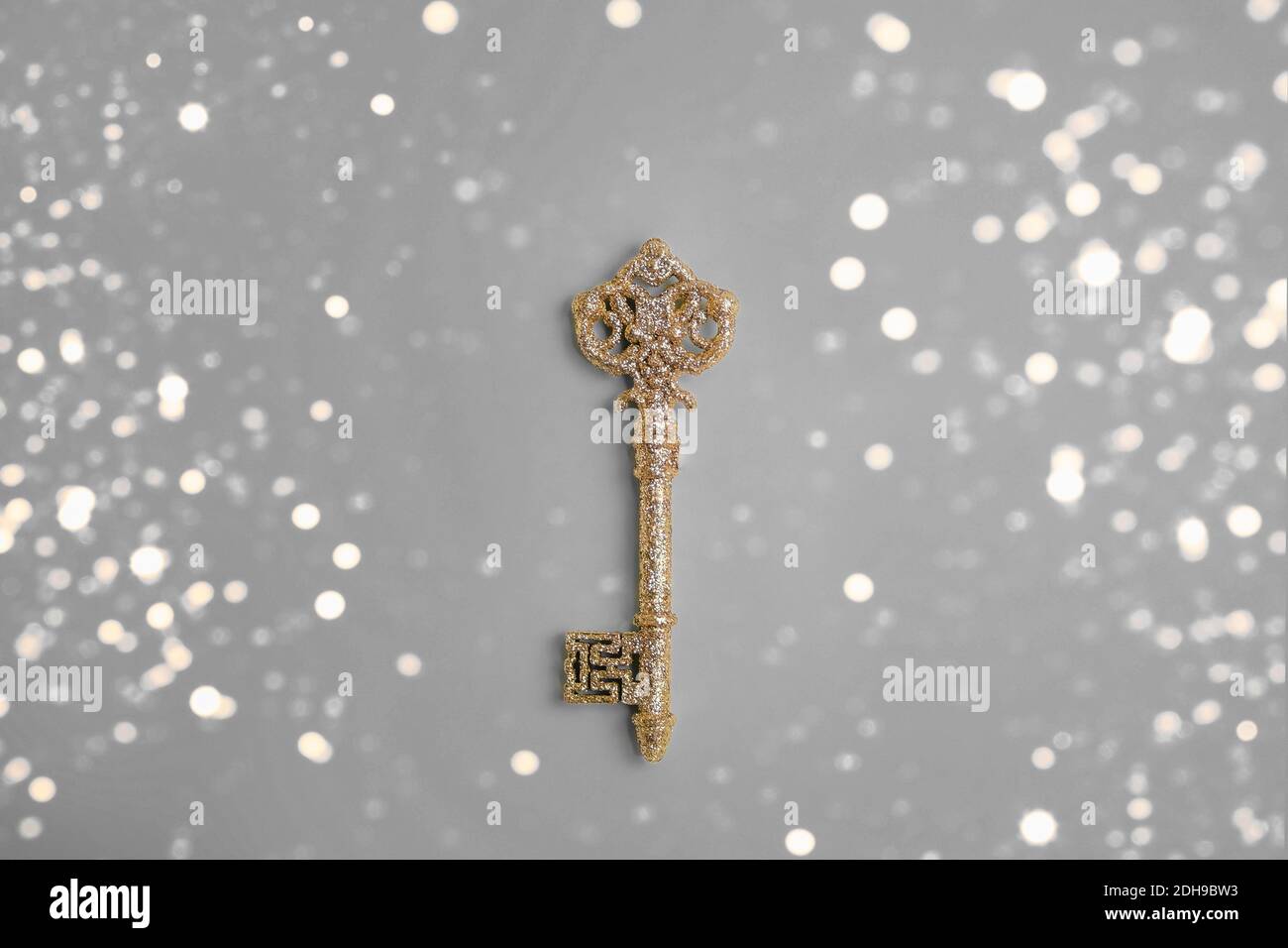 Una chiave dorata retrò scheletro su sfondo grigio, chiave per il successo Foto Stock