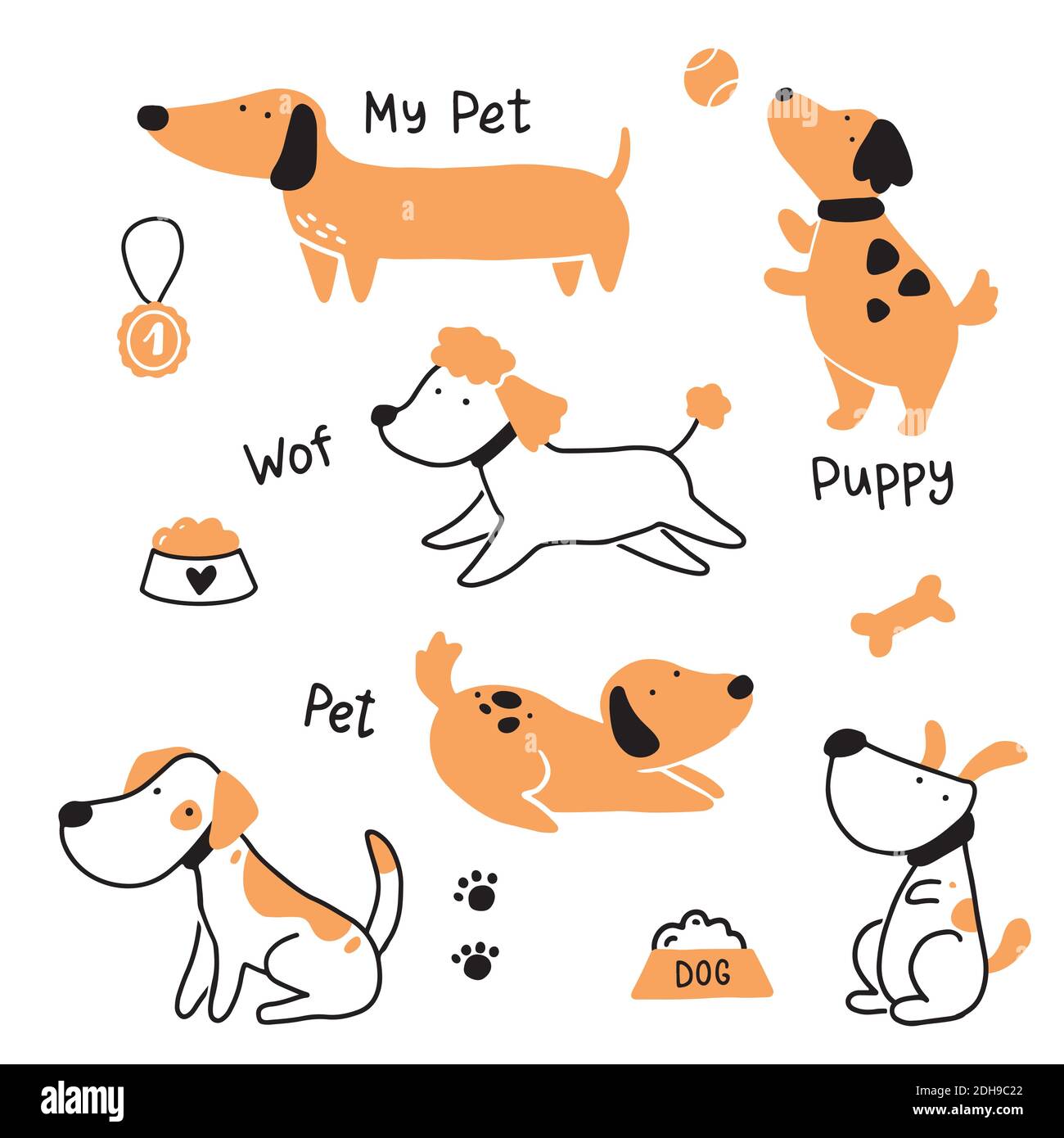 Set di carino cucciolo cane. Raccolta di cani felici e divertenti. Illustrazione del personaggio di un animale di cartone animato. Illustrazione Vettoriale