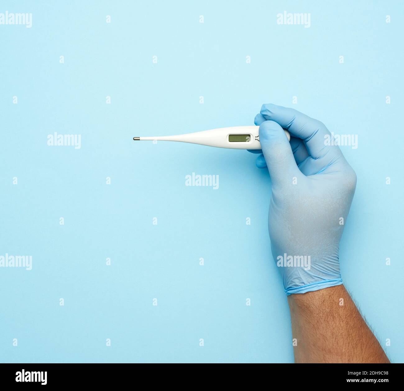 La mano maschile in un guanto medico blu contiene un bianco termometro in plastica Foto Stock
