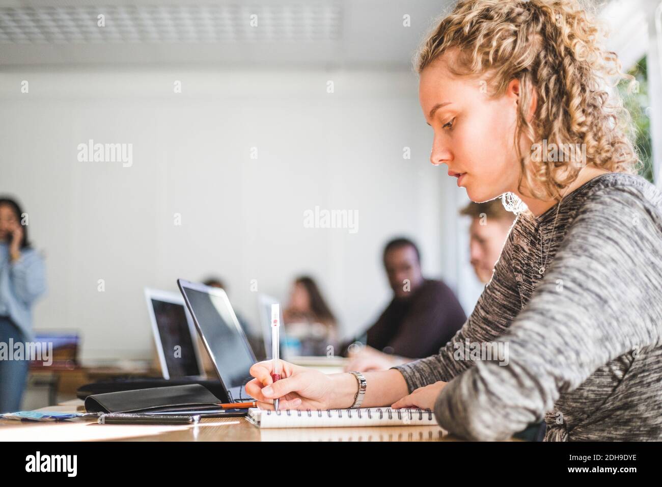 Giovane donna che studia alla scrivania in classe Foto Stock