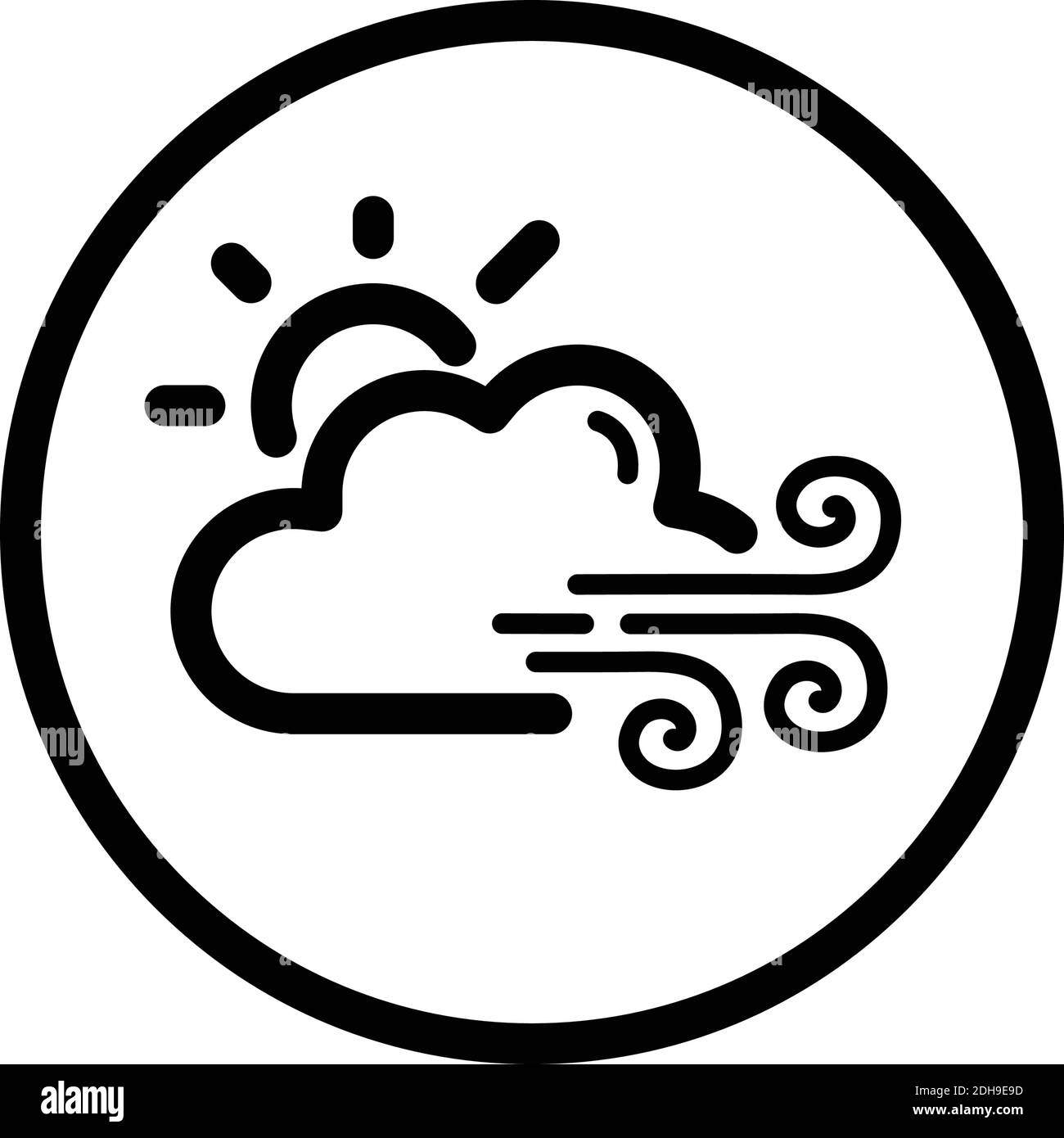 Forte vento, sole e nuvole. Icona del contorno in un cerchio. Illustrazione del vettore meteo isolato Illustrazione Vettoriale