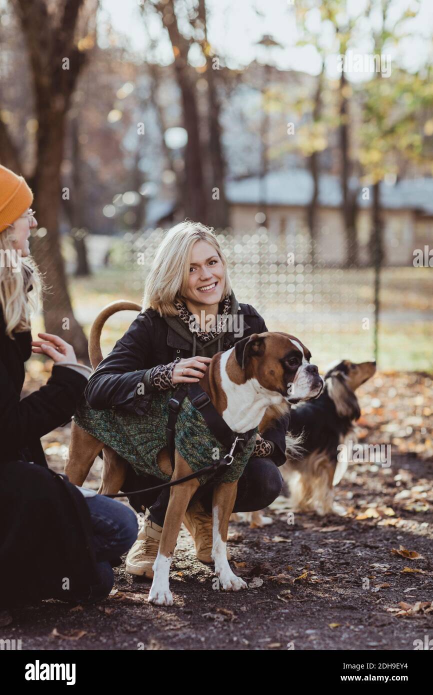 Ritratto di donna bionda sorridente accovacciata da amico con cani al parco Foto Stock