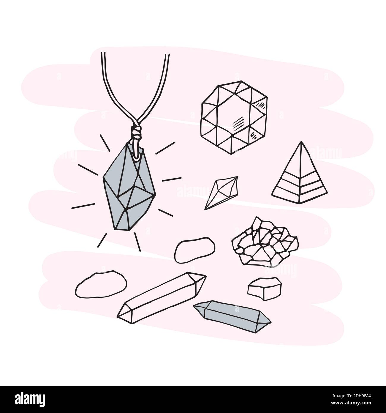 Insieme vettoriale di cristalli, quarzo e pietre per la medicina alternativa. Doodle Illustrazione Vettoriale