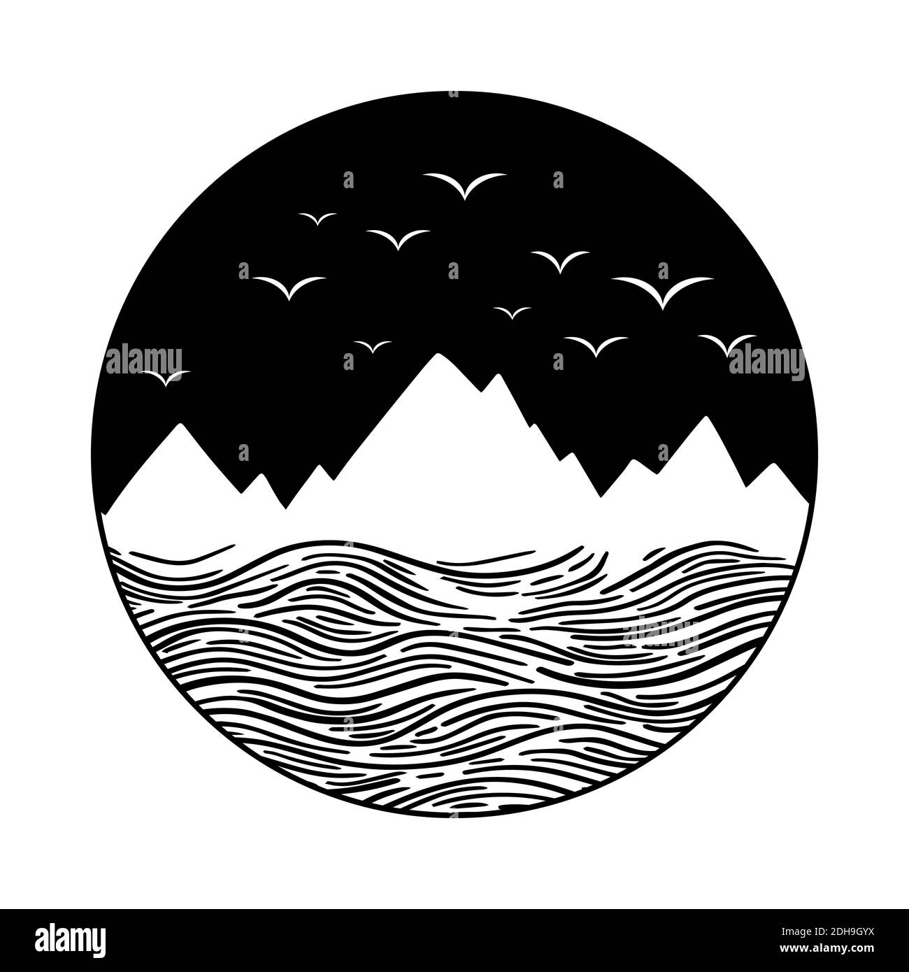 Montagna e mare nero su bianco. Notte Wanderlust avventura cerchio icona con stelle. Illustrazione vettoriale. Illustrazione Vettoriale