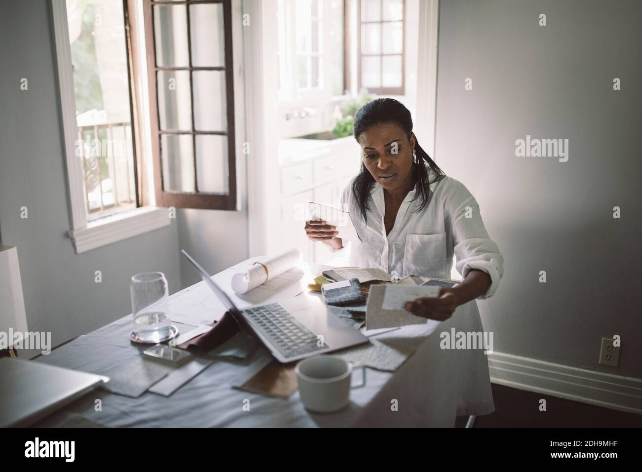 Donna imprenditore che lavora mentre si siede dal tavolo da pranzo a casa ufficio Foto Stock