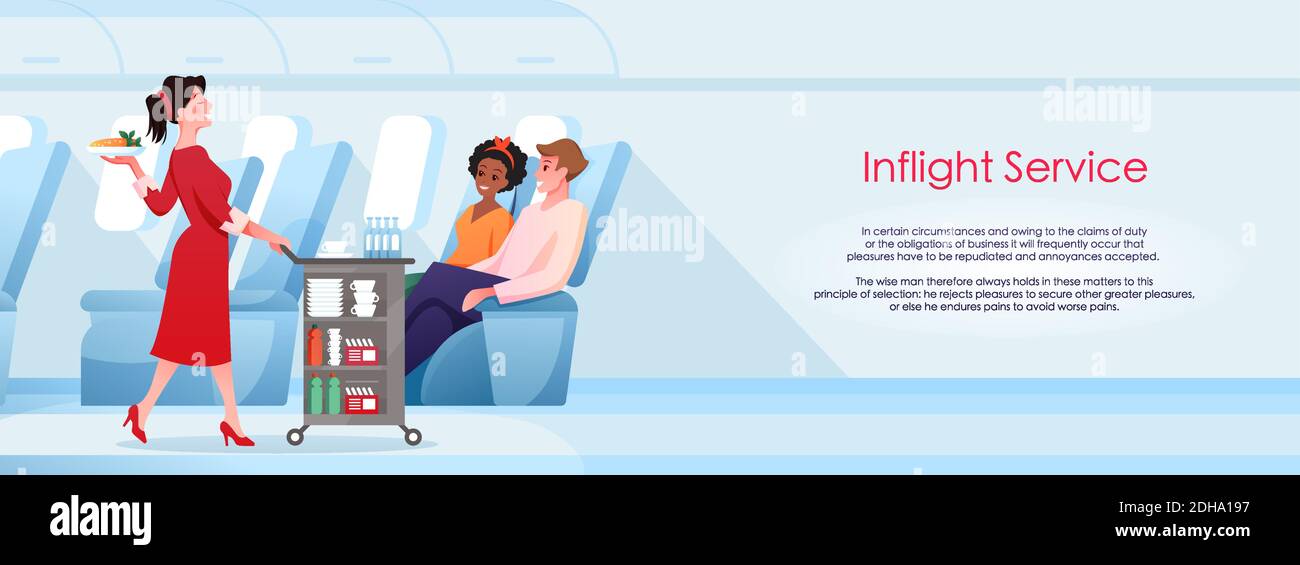 Servizio di volo in volo, cartoon stewardess che serve i passeggeri a bordo dell'aereo durante il volo Illustrazione Vettoriale